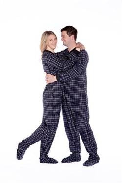 BIG FEET PAJAMA CO. Schwarzweiß Karierter Baumwollflanell Erwachsene Onesie Fußpyjamas mit Butt Flap hinteren Klappe für Männer & Frauen von BIG FEET PAJAMA CO.