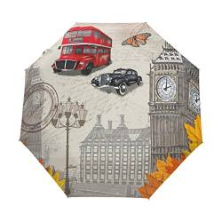 Bigjoke Regenschirm, 3-Fach faltbar, automatischer Öffnung, Vintage, London Big Ben England Flagge, Winddicht, leicht, kompakt für Jungen, Mädchen, Männer, Frauen von BIGJOKE