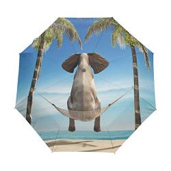 Bigjoke Regenschirm, 3 faltbar, automatisch, offen, geschlossen, Ozean, Strand, Palme, Elefant, Winddicht, Reise-Regenschirm, kompakt für Jungen, Mädchen, Herren und Frauen von BIGJOKE