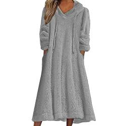 Für Kleider Frauen Casual Kleid Solide Plüsch Mit Kapuze Lose Kleid Tasche Pullover Sweatshirt Kleid Pullover Lange Kleid (Grey, M) von BIISDOST