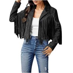 70er Jahre Faux Wildleder Cowboy Wildlederjacke Damen Retro Hippie Kleidung Cowgirl Faschingskostüme mit Fransen Langarm Slim Lederjacke Piraten Country Western Karneval Festival Outfit Disco Outfit von BIKETAFUWY