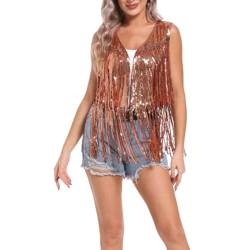 BIKETAFUWY Damen Pailletten Fransen Westen 60er 70er Jahre Hippie Kostüm Kurze Cowboy Ärmellos Weste Cardigan Glitzer Fransenweste Damen Boho Festival Bolero Karneval Faschingskostüme von BIKETAFUWY