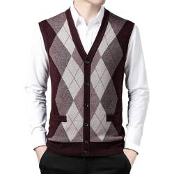 BIKETAFUWY Herren Strickweste Ärmellos Pullunder Weste Kariert Cardigan V-Ausschnitt aus Baumwolle Wollmischung Winter Strickjacke Pullover für Männer mit Knöpfen von BIKETAFUWY