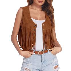 BIKETAFUWY Hippie Weste Damen 60er 70er Disco Fransen Weste Bekleidung Mädchen Kurze Faux Wildleder Cowboy Outfit FaschingsKostüm Halloween Cosplay Karneval Fransenweste Ärmellos Weste Cardigan von BIKETAFUWY