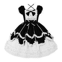 BIKETAFUWY Lolita Kleid Gothic Kawaii Japanese Maid Lolita Princess Dress Minikleid Kurzarm Sweet Girl Anime Cosplay Fancy Dress Vintage Gothic Kleider mit Rüschen Punk Spitzekleid Princess Dress von BIKETAFUWY