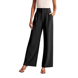 Business Hose Damen High Waist Stretch Casual Locker Anzughose mit Weitem Bein Lange Straight Büro Pants mit Taschen Hoch Elastisch Tailliert Damenhose Elegant Seniorenhose Schlupfhose Schwarz von BIKETAFUWY