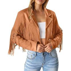 Damen Faux Wildleder Cowboy Wildlederjacke Cowgirl Retro Hippie Kleidung Classic Mantel Frauen Fransenjacke 70er Jahre Langarm Slim Lederjacke Wildlederoptik Freizeit Übergangsjacke Motorradjacke von BIKETAFUWY