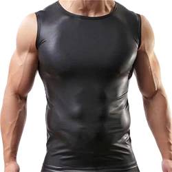 Herren Leder Shirt Slim Fit Tank Top ohne Arm Hochglanz Wetlook Lack-Optik in Schwarz Lackleder Reizwäsche Dessous mit Reißverschlüsse Unterwäsche für Männer Muskelshirt Muskel Top Vinyl Oberteil von BIKETAFUWY