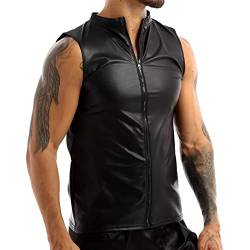 Herren Leder Shirt Slim Fit Tank Top ohne Arm Hochglanz Wetlook Lack-Optik in Schwarz Lackleder Reizwäsche Dessous mit Reißverschlüsse Unterwäsche für Männer Muskelshirt Muskel Top Vinyl Oberteil von BIKETAFUWY