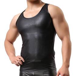 Herren Leder Shirt Slim Fit Tank Top ohne Arm Hochglanz Wetlook Lack-Optik in Schwarz Lackleder Reizwäsche Dessous mit Reißverschlüsse Unterwäsche für Männer Muskelshirt Muskel Top Vinyl Oberteil von BIKETAFUWY