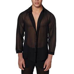 Herren Transparent Netzhemd Sexy Netzshirt Slim Fit Muskel Jacke Netz Hemden Langarm T Shirt Nachtwäsche Männer Reizvoll Unterwäsche Mesh Tops Schwarz Durchsichtiges Oberteil von BIKETAFUWY