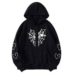 Hoodie Damen Y2K Zip Up Hoodie Damen Kapuzenjacke Sale Vintage Oversize Sweatjacke Goth Graphics Harajuku Oversize Sweatshirt Übergroße Reißverschluss Aesthetic Jacke Baggy 90S E-Girl Streetwear von BIKETAFUWY