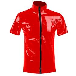 Latex ähnliches Herren Shirt Sexy Schwarz Leder Optik Männer Shirt Unterhemd Kurzarm Unterwäsche Stretch Hemd Tops Clubwear Guywear Freizeithemd Sommer Muskel Top Lack-Leder Oberteil 002 von BIKETAFUWY