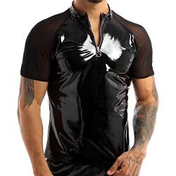 Latex ähnliches Herren Shirt Sexy Schwarz Leder Optik Männer Shirt Unterhemd Kurzarm Unterwäsche Stretch Hemd Tops Clubwear Guywear Freizeithemd Sommer Muskel Top Lack-Leder Oberteil 002 von BIKETAFUWY