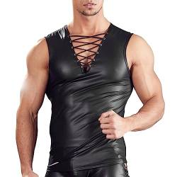 Latex ähnliches Herren Shirt Sexy Set Männer Shirt + Erotische Unterwäsche Schwarz Leder Optik Unterhemd Kurzarm Unterwäsche Stretch Hemd Clubwear Freizeithemd Muskel Top Lack-Leder Oberteil 022 von BIKETAFUWY