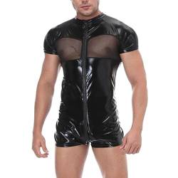 Latex ähnliches Herren Shirt Sexy Set Männer Shirt + Erotische Unterwäsche Schwarz Leder Optik Unterhemd Kurzarm Unterwäsche Stretch Hemd Clubwear Freizeithemd Muskel Top Lack-Leder Oberteil 022 von BIKETAFUWY