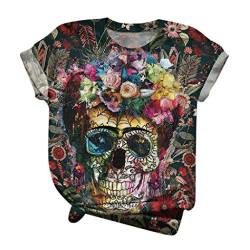 Sommer Oberteil Damen Totenkopf Casual Plus Größe Elegant Scenic Flowers Druck Rundhals Trendy Pullover T-Shirt Tops Casual Lose Lässig Blouse von BIKETAFUWY