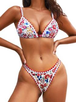 BIKINX Bikini-Sets für Damen, zweiteilige Badeanzüge, sexy Badeanzüge, Push-Up-Bikinis, hohe Beine, Neon, 2 x dreieckige Blumen, 4-6 von BIKINX