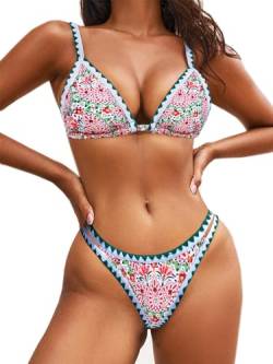 BIKINX Bikini-Sets für Damen, zweiteiliger Badeanzug, sexy Badeanzüge, Push-Up, hohes Bein, Neon, 2 x dreieckiges Gras, S von BIKINX