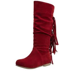 BILIKEYU Herbst und Winter für Damen, europäische und amerikanische Retro-Mode, Quaste, runder, warme, hohe Stiefel Alpin-stiefel (Red, 38) von BILIKEYU