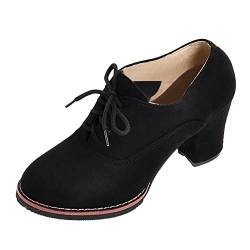 BILIKEYU Mode Frauen Flock Einfarbig Herbst Dicke Sohle Quadratische Absätze Schnürschuhe Kurze Stiefeletten Runde Zehe Schuhe Damen Blau (Black, 38) von BILIKEYU