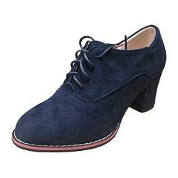 BILIKEYU Mode Frauen Flock Einfarbig Herbst Dicke Sohle Quadratische Absätze Schnürschuhe Kurze Stiefeletten Runde Zehe Schuhe Damen Blau (Blue, 37) von BILIKEYU