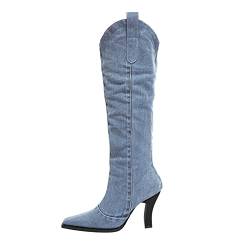 BILIKEYU Top Pointed Thin Heel Toe High Fashion Thick Denim Boots Boots Hohe Damenstiefel Lammfell Gefüttert Damen (Blue, 40) von BILIKEYU