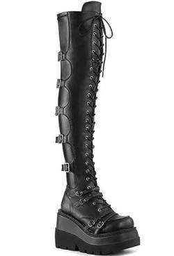 BINDT Overknee-Stretch-Stiefel aus Leder für Damen, Gothic-Punk-Stiefel mit hohem Absatz, klobige Block-Plateau-Keilabsatz-Schnürstiefel, oberschenkelhohe Biker-Stiefel,Schwarz,38 von BINDT