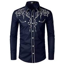 BINGFENG Stilvolle Herren Cowboy Hemd Casual Langarm Western Bestickte Cowboy Shirts für Männer Hochzeit Party Hemd, Tibetan Blue-2, L von BINGFENG