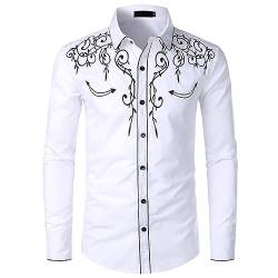 BINGFENG Stilvolle Herren Cowboy Hemd Casual Langarm Western Bestickte Cowboy Shirts für Männer Hochzeit Party Hemd, Weiß-2, L von BINGFENG