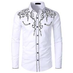 BINGFENG Stilvolle Herren Cowboy Hemd Casual Langarm Western Bestickte Cowboy Shirts für Männer Hochzeit Party Hemd, Weiß-2, M von BINGFENG