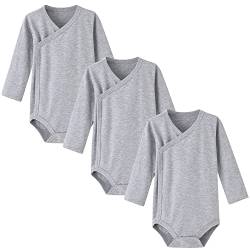 BINIDUCKLING 3er Pack Baby Jungen Mädchen Langarm Wickelbodys - 100% Baumwoll Baby Body mit Seitlichen Druckknöpfen für 6-9 Monate, Dunkelgrau von BINIDUCKLING