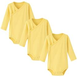 BINIDUCKLING 3er Pack Baby Jungen Mädchen Langarm Wickelbodys - 100% Baumwoll Baby Body mit Seitlichen Druckknöpfen für 6-9 Monate, Gelb von BINIDUCKLING