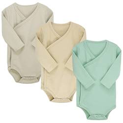 BINIDUCKLING 3er Pack Baby Jungen Mädchen Langarm Wickelbodys - 100% Baumwoll Baby Body mit Seitlichen Druckknöpfen für 6-9 Monate, Grün&Beige&Grau von BINIDUCKLING