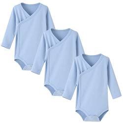 BINIDUCKLING 3er Pack Baby Jungen Mädchen Langarm Wickelbodys - 100% Baumwoll Baby Body mit Seitlichen Druckknöpfen für 6-9 Monate, Hellblau von BINIDUCKLING