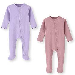 BINIDUCKLING Baby 2er Pack Druckknopf Schlafanzug, mit Fuß, mit Fäustlings Bündchen, Baumwolle - Langarm Baby Strampler Baby Pyjamas für Jungen Mädchen 0-3 Monate, Lila&Rosa von BINIDUCKLING