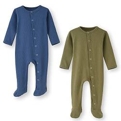 BINIDUCKLING Baby 2er Pack Druckknopf Schlafanzug, mit Fuß, mit Fäustlings Bündchen, Baumwolle - Langarm Baby Strampler Baby Pyjamas für Jungen Mädchen 0-3 Monate, Ozean Blau & Armee Grün von BINIDUCKLING