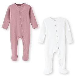 BINIDUCKLING Baby 2er Pack Druckknopf Schlafanzug, mit Fuß, mit Fäustlings Bündchen, Baumwolle - Langarm Baby Strampler Baby Pyjamas für Jungen Mädchen 0-3 Monate, Rosa & Weiß von BINIDUCKLING