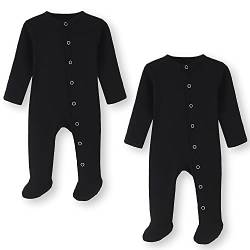 BINIDUCKLING Baby 2er Pack Druckknopf Schlafanzug, mit Fuß, mit Fäustlings Bündchen, Baumwolle - Langarm Baby Strampler Baby Pyjamas für Jungen Mädchen 0-3 Monate, Schwarz von BINIDUCKLING