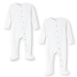 BINIDUCKLING Baby 2er Pack Druckknopf Schlafanzug, mit Fuß, mit Fäustlings Bündchen, Baumwolle - Langarm Baby Strampler Baby Pyjamas für Jungen Mädchen 0-3 Monate, Weiß von BINIDUCKLING