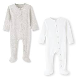BINIDUCKLING Baby 2er Pack Druckknopf Schlafanzug, mit Fuß, mit Fäustlings Bündchen, Baumwolle - Langarm Baby Strampler Baby Pyjamas für Jungen Mädchen 3-6 Monate, Beige Grau & Weiß von BINIDUCKLING