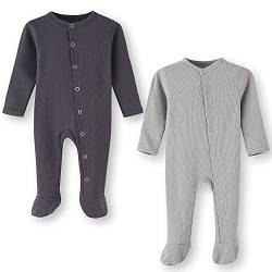 BINIDUCKLING Baby 2er Pack Druckknopf Schlafanzug, mit Fuß, mit Fäustlings Bündchen, Baumwolle - Langarm Baby Strampler Baby Pyjamas für Jungen Mädchen 3-6 Months, Dunkelgrau & Hellgrau von BINIDUCKLING