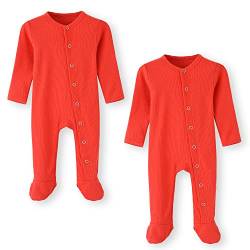 BINIDUCKLING Baby 2er Pack Druckknopf Schlafanzug, mit Fuß, mit Fäustlings Bündchen, Baumwolle - Langarm Baby Strampler Baby Pyjamas für Jungen Mädchen 3-6 Months, Rot von BINIDUCKLING