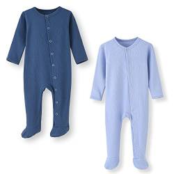 BINIDUCKLING Baby 2er Pack Druckknopf Schlafanzug, mit Fuß, mit Fäustlings Bündchen, Baumwolle - Langarm Baby Strampler Baby Pyjamas für Jungen Mädchen 6-9 Monate, Ozean Blau&Hell Blau von BINIDUCKLING