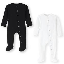 BINIDUCKLING Baby 2er Pack Druckknopf Schlafanzug, mit Fuß, mit Fäustlings Bündchen, Baumwolle - Langarm Baby Strampler Baby Pyjamas für Jungen Mädchen 9-12 Months, Schwarz & Weiß von BINIDUCKLING