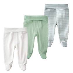 BINIDUCKLING Baby 3er Pack Hohe Taille Hose mit Fuß - aus Baumwolle - Baby Pumphose Strampelhose mit Fuß für Jungen Mädchen, 0-3 Monate, Grün von BINIDUCKLING