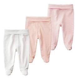 BINIDUCKLING Baby 3er Pack Hohe Taille Hose mit Fuß - aus Baumwolle - Baby Pumphose Strampelhose mit Fuß für Jungen Mädchen, 0-3 Monate, Rosa von BINIDUCKLING