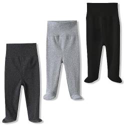 BINIDUCKLING Baby 3er Pack Hohe Taille Hose mit Fuß - aus Baumwolle - Baby Pumphose Strampelhose mit Fuß für Jungen Mädchen, 0-3 Monate, Schwarz&Dunkel Grau&Hell Grau von BINIDUCKLING