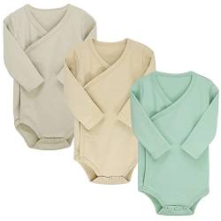 BINIDUCKLING Baby-Body mit langen Ärmeln, seitlicher Druckknopf, 100% Baumwolle, Baby-Einteiler für Jungen und Mädchen, 12 Monate, 3 Stück, Grün, Beige, Grau, 68 von BINIDUCKLING