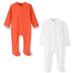 BINIDUCKLING Baby-Jungen Mädchen Schlafanzug - 2-Wege-Reißverschluss, Baumwolle, mit Füßen, 2er-Pack - Baby Schlafstrampler für Neugborene 0-3 Monate, Orange&Creme-Weiß von BINIDUCKLING